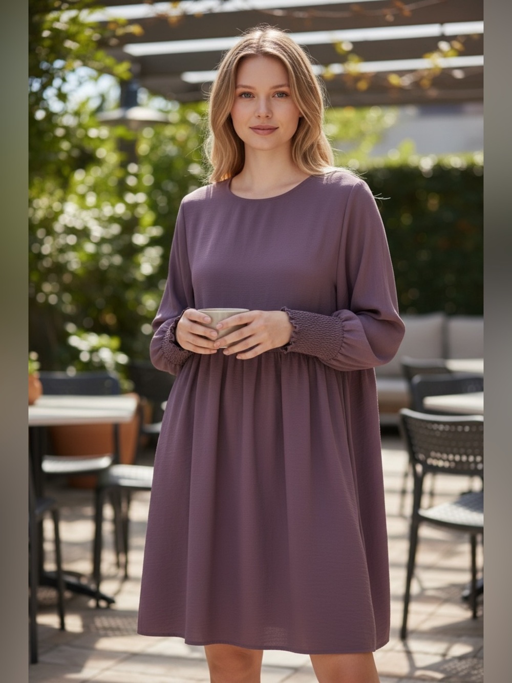 Womens Smocked Sleeve Swing Dress in Mauve